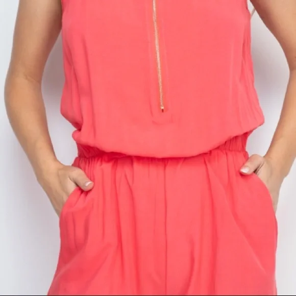 Coral Sleeveless scoop neck lace detail zip front gartered waist romper, NEW! - Picture 9 of 16